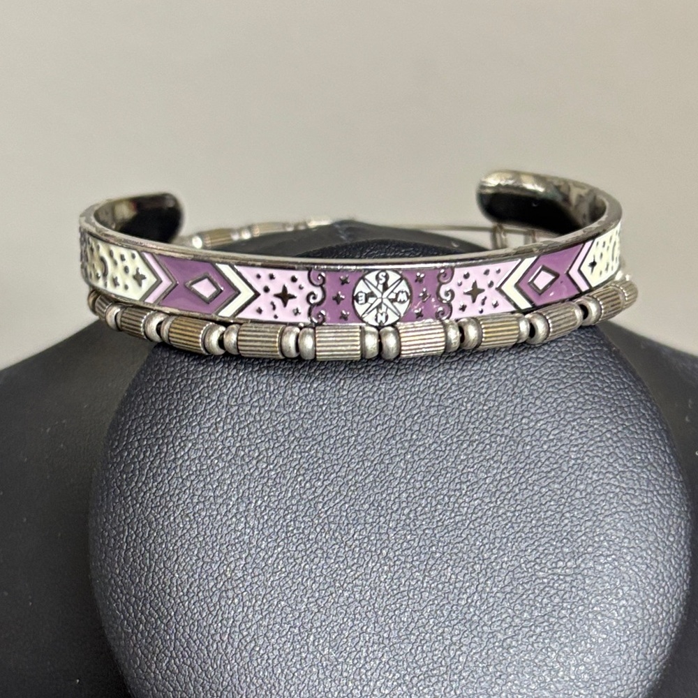 Alex and Ani Purple Enamel Cuff and Silver Geometric Bracelet Set of 2